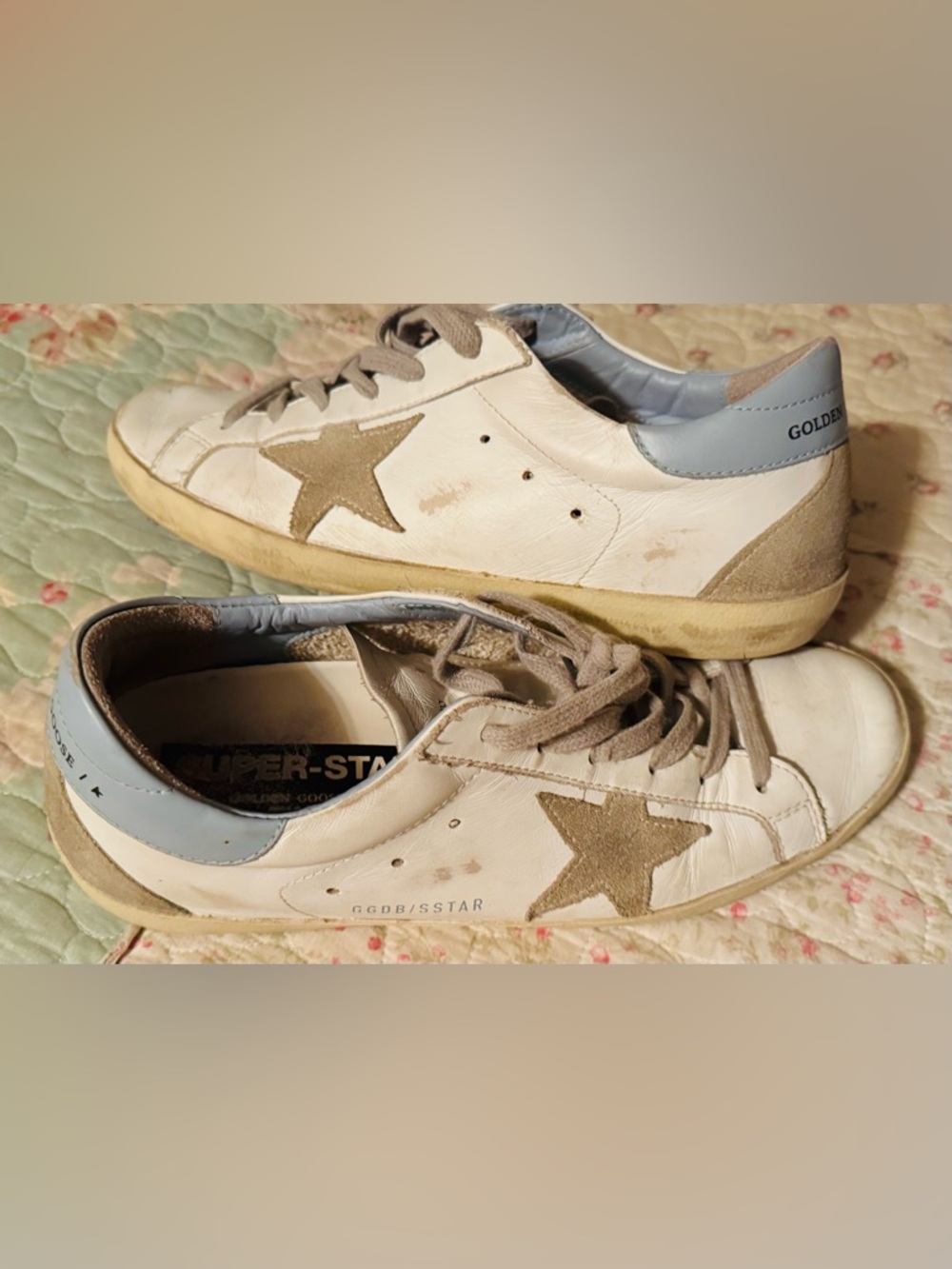 Golden Goose white leather sneakers with tan star and light blue heel - Size 40